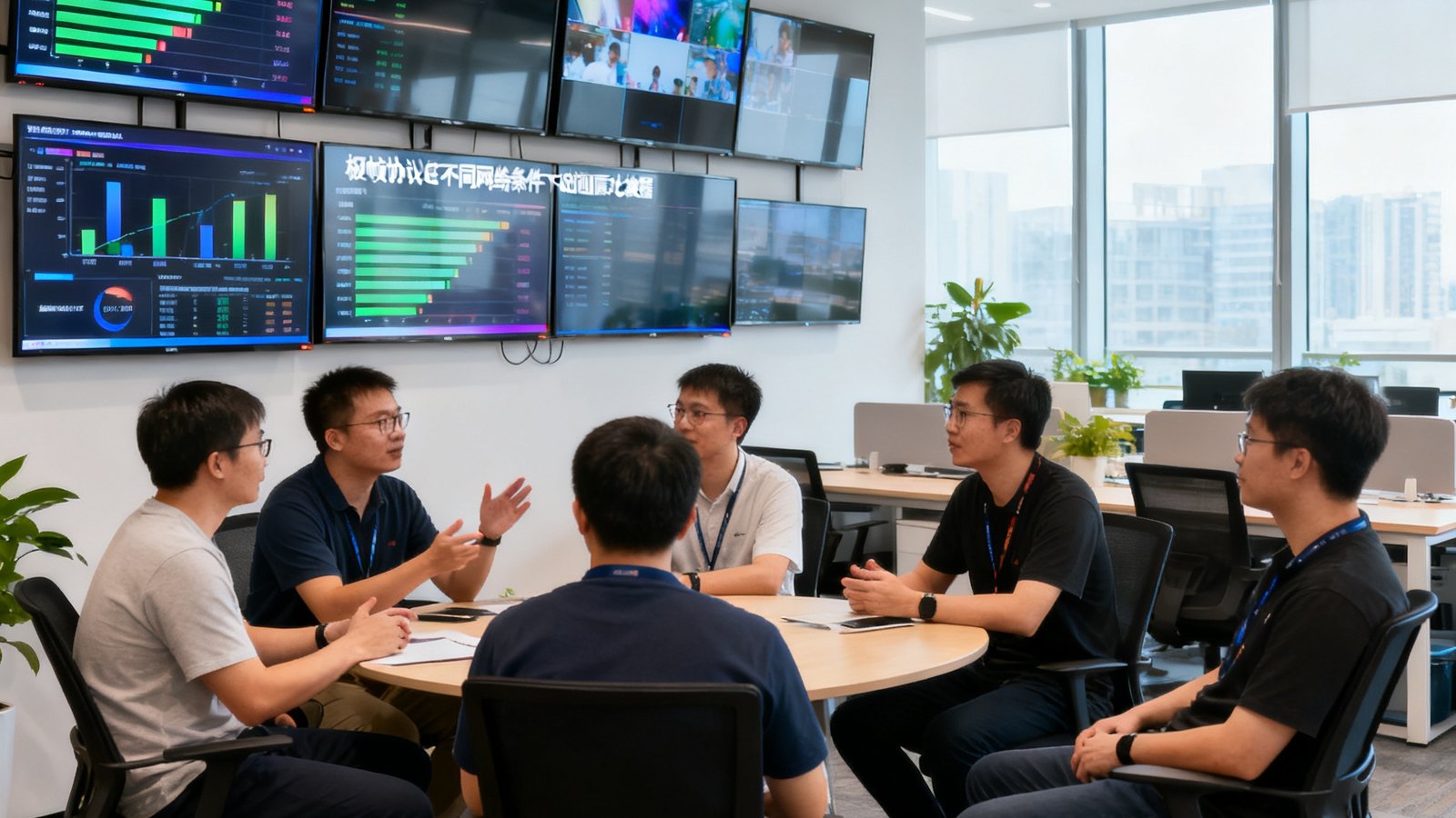 OB视讯深圳总部开放式办公区实景，研发团队成员正在讨论视频编码算法，墙上挂着多块4K测试屏幕，展示着极帧协议在不同网络条件下的画质对比数据，办公环境现代而充满活力。