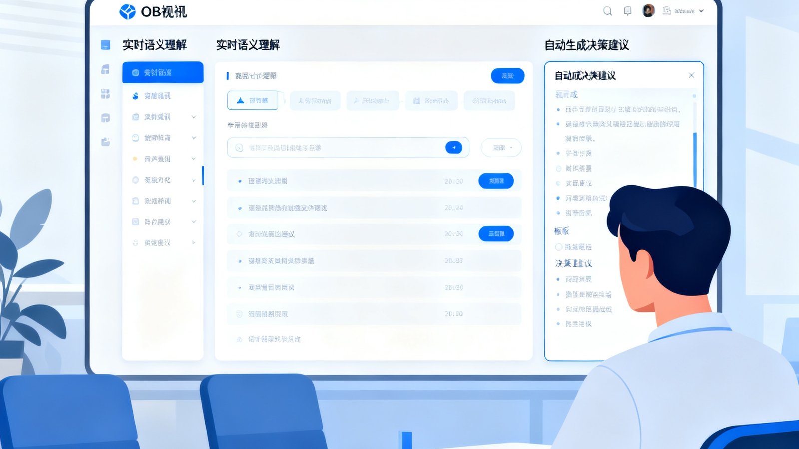 OB视讯AI智能会议助手3.0版本发布，展示了实时语义理解界面和自动生成的决策建议面板，背景为现代化办公场景。