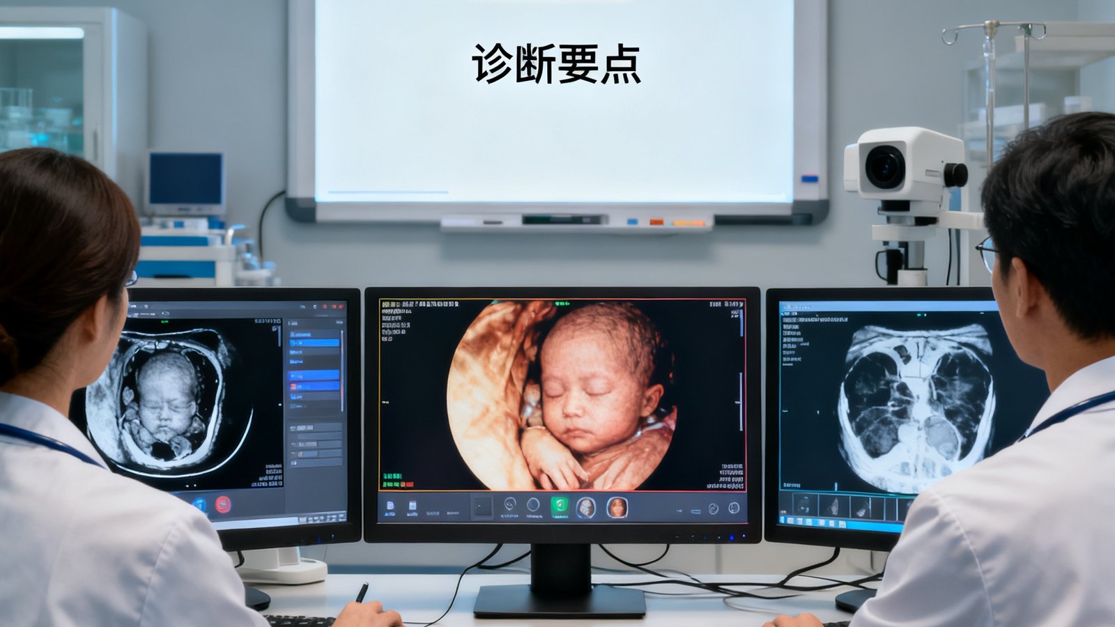 某远程医疗平台使用OB视讯系统进行专家远程会诊的场景，三地医生同时在线查看患者影像资料，白板上标注了诊断要点，画面清晰显示医疗影像细节。