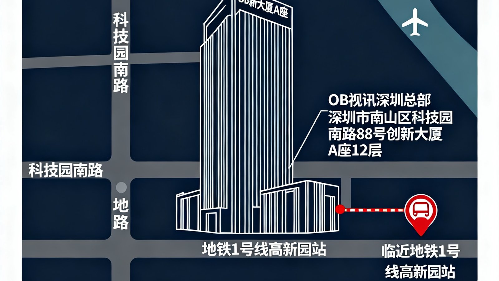 OB视讯深圳总部地理位置示意图，标注位于深圳市南山区科技园南路88号创新大厦A座12层，周边交通便利，临近地铁1号线高新园站。