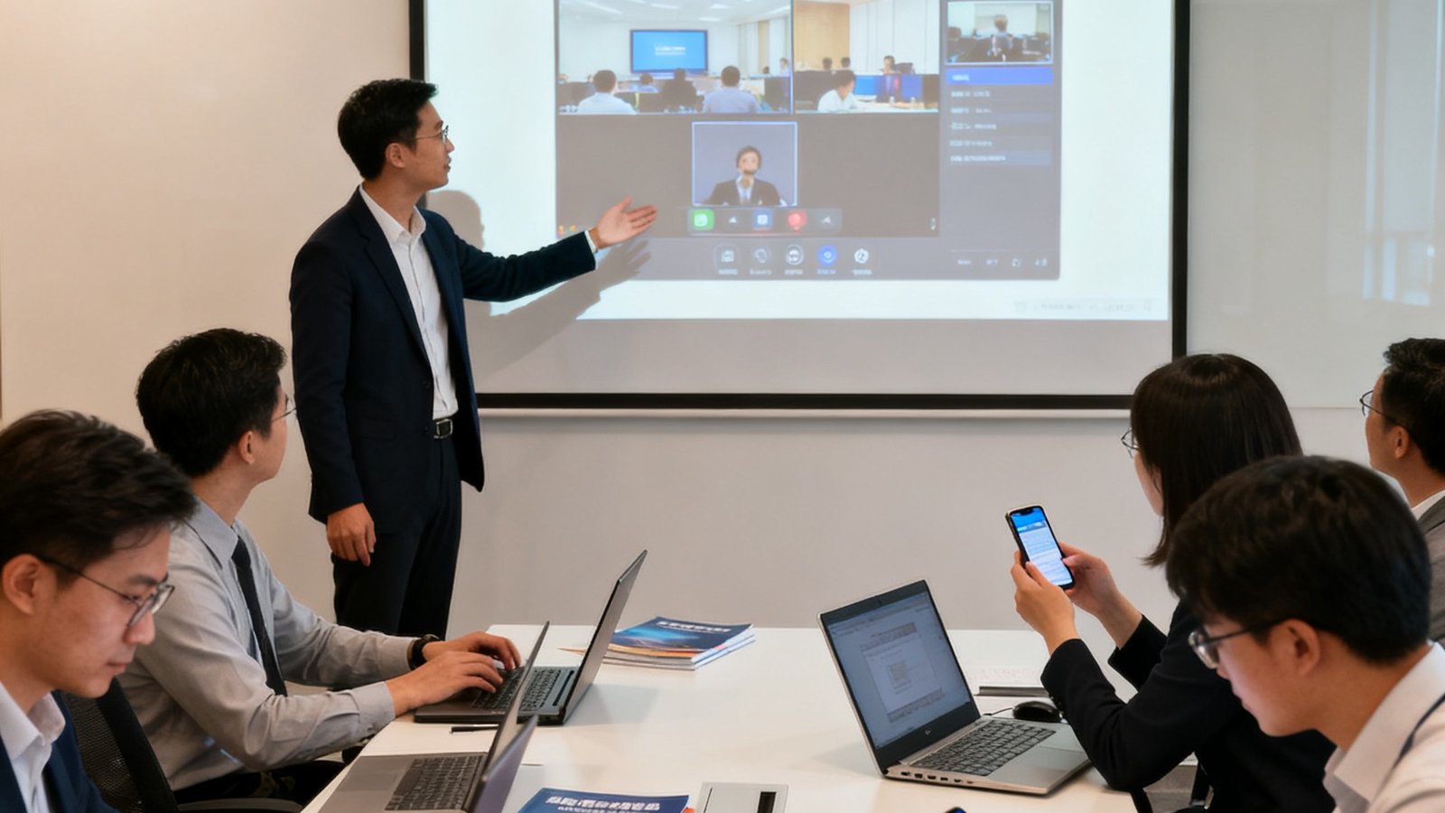 OB视讯客户培训现场，讲师正在向企业员工演示视频会议系统的操作流程，投影屏幕上展示着多终端接入界面，参会者使用笔记本电脑和手机同步练习操作。
